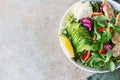 Fresh mix salad with grilled chicken fillet, avocado, apple and bell pepper and olive oil and lemon dressing. Healthy food, diet Royalty Free Stock Photo