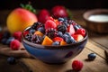 fresh mixed berries and fruit salad in bowl on top of wooden table Royalty Free Stock Photo