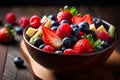 fresh mixed berries and fruit salad in bowl on top of wooden table Royalty Free Stock Photo