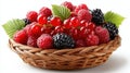 Fresh mixed berries overflow a rustic basket on white Royalty Free Stock Photo