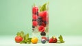 Fresh mixed berries in a tall glass with mint leaves on a green background