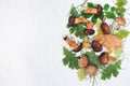 Fresh mixed forest mushrooms on the white background