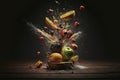 Fresh mixed fruit salad falling, ai generative Royalty Free Stock Photo