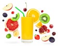 Fresh mixed fruits falling and orange juice Royalty Free Stock Photo