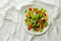 Fresh mixed greens salad with colorful cherry tomatoes, broccoli, and feta cheese on a white plate. Elegant presentation Royalty Free Stock Photo