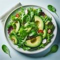 Fresh mixed greens salad with sliced avocado, cherry tomatoes, and radishes