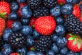 Fresh mixed red and blue berries full frame fruit background texture