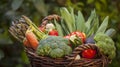 Fresh mixed Vegetables Basked on the Garden Background