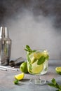 Fresh Mojito cocktail. Glass of cold mohito beverage with lime, leaves of mint, bar accessories on dark grey background with copy Royalty Free Stock Photo