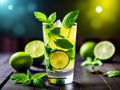 Fresh mojito cocktail isolated close-up with lime fruits near it, on a bar lights background Royalty Free Stock Photo