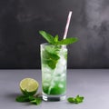 Fresh Mojito cocktail with lime, green mint leaves and ice in jar glass on dark background. Summer cold drink with straw Royalty Free Stock Photo