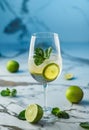 Fresh Mojito cocktail with lime, mint and ice in wineglass on light blue background. Summer cold drink and cocktail.