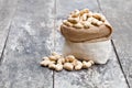 Fresh monkeynut in sack bag on wooden background Royalty Free Stock Photo