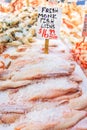 Fresh monkfish loins on ice for sale at Pike Place Market in Sea