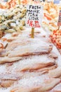 Fresh monkfish loins on ice for sale at Pike Place Market in Seattle