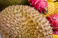 Fresh Monthong durian on the market close up