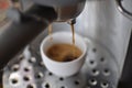 Fresh espresso from coffee machine close up Royalty Free Stock Photo