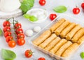 Fresh Mozzarella cheese on vintage chopping board with tomatoes and basil leaf and tray with cheese sticks on stone kitchen table Royalty Free Stock Photo