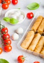 Fresh Mozzarella cheese on vintage chopping board with tomatoes and basil leaf and tray with cheese sticks on stone kitchen table Royalty Free Stock Photo