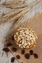 Fresh muffin with oatmeal baked with wholemeal flour and ears of rye grain, delicious healthy dessert Royalty Free Stock Photo