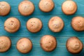 Fresh muffins on a cutting board on a wooden blue background. Ba Royalty Free Stock Photo