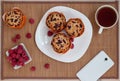 Fresh muffins with raspberry, cup of tea are lying on a straw cloth. Morning breakfast.