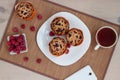 Fresh muffins with raspberry, cup of tea are lying on a straw cloth. Morning breakfast.