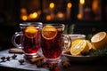 Fresh mulled wine on a wooden table on a backdrop of Christmas lights. Traditional hot Christmas drink served with spices and