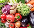 Fresh multi-colored vegetables in wooden crate. Top view. Royalty Free Stock Photo