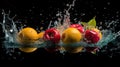 fresh multi fruits splashing into blue clear water splash healthy food diet freshness concept on black background, generative ai. Royalty Free Stock Photo