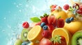 Fresh fruits with water splash on blue background, closeup. Healthy food. Royalty Free Stock Photo