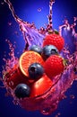 fresh multi fruits splashing into blue clear water splash, healthy food diet freshness concept Royalty Free Stock Photo