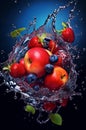 fresh multi fruits splashing into blue clear water splash, healthy food diet freshness concept Royalty Free Stock Photo