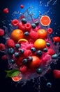 fresh multi fruits splashing into blue clear water splash, healthy food diet freshness concept Royalty Free Stock Photo