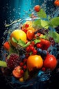 fresh multi fruits splashing into blue clear water splash, healthy food diet freshness concept Royalty Free Stock Photo