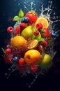 fresh multi fruits splashing into blue clear water splash, healthy food diet freshness concept Royalty Free Stock Photo