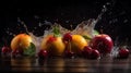 fresh multi fruits splashing into clear water splash healthy food diet freshness, generative ai