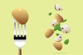 Fresh mushroom on fork with flying mushrooms background , healthy food concept