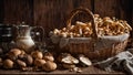 Fresh mushrooms in a basket on an old background