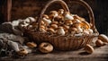 Fresh mushrooms in a basket on an old background nutrition