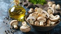 Fresh mushrooms in a bowl, bottled oil and pepper. On rustic background. Generative Ai Royalty Free Stock Photo