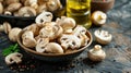 Fresh mushrooms in a bowl, bottled oil and pepper. On rustic background. Generative Ai Royalty Free Stock Photo