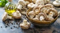 Fresh mushrooms in a bowl, bottled oil and pepper. On rustic background. Generative Ai Royalty Free Stock Photo