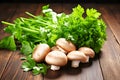 Fresh mushrooms and green parsley leaves isolated on a white background Royalty Free Stock Photo