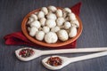 Fresh mushrooms with spices on plate, wooden background