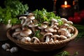 Fresh mushrooms in a wicker basket on a dark wooden background