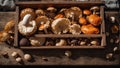 Fresh mushrooms in a wooden box an old background