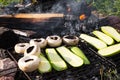 Fresh mushrooms and zucchini waiting to be grilled Royalty Free Stock Photo