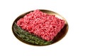 Fresh mutton lamb Mince Meat, raw ground meat Isolated on white background. Top view.