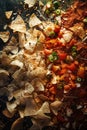 Fresh Nachos with Tomatoes, Jalapenos, and Seasonings on Dark Background